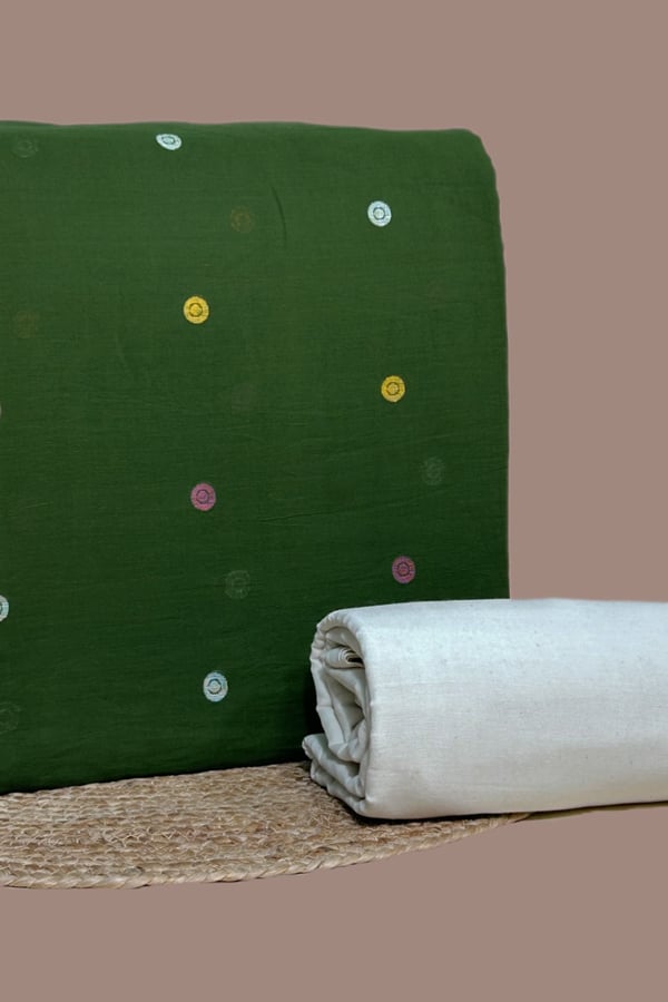 Green - 2pc Handloom Woven Design Cotton Top and Handloom Soft Cotton Bottom Fabric Set
