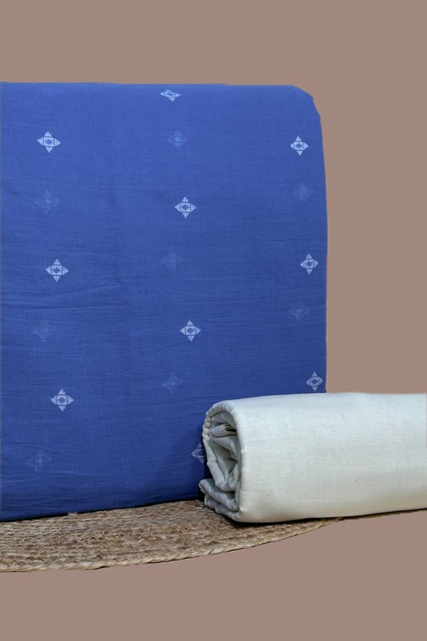 Blue - 2pc Handloom Woven Design Cotton Top and Handloom Soft Cotton Bottom Fabric Set