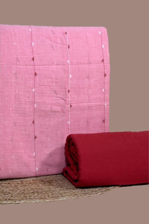 Pink - 2pc Handloom Woven Design Cotton Top and Handloom Soft Cotton Bottom Fabric Set