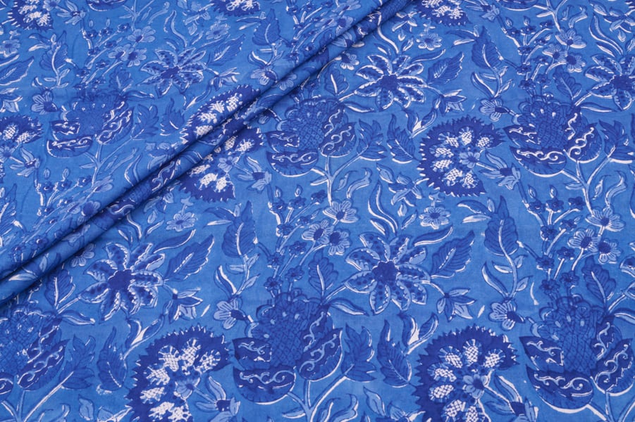 31190 (1) True Blue Floral Handblock Printed 100% Pure Soft Cotton Fabric - Image 1