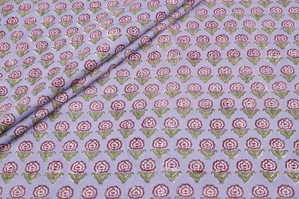 Pastel Purple Floral Handblock Printed 100% Pure Soft Cotton Fabric