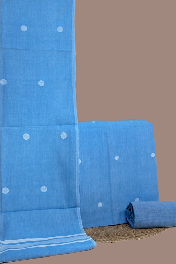 Blue - 3Pc (3mtr Top) Handloom Cotton Dupatta with Woven Motif Top & Handloom Soft Cotton Bottom Fabric Set