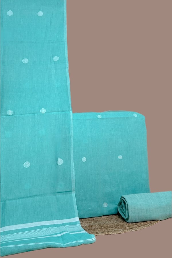 Blue - 3Pc (3mtr Top) Handloom Cotton Dupatta with Woven Motif Top & Handloom Soft Cotton Bottom Fabric Set
