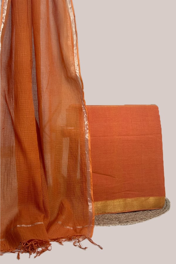 Orange - 2pc Kota Doria Dupatta and Mangalgiri Zari Border Handwoven Pure Cotton Set