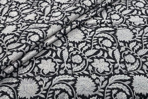 Natural Black Bagru Handblock Printed Cotton Fabric
