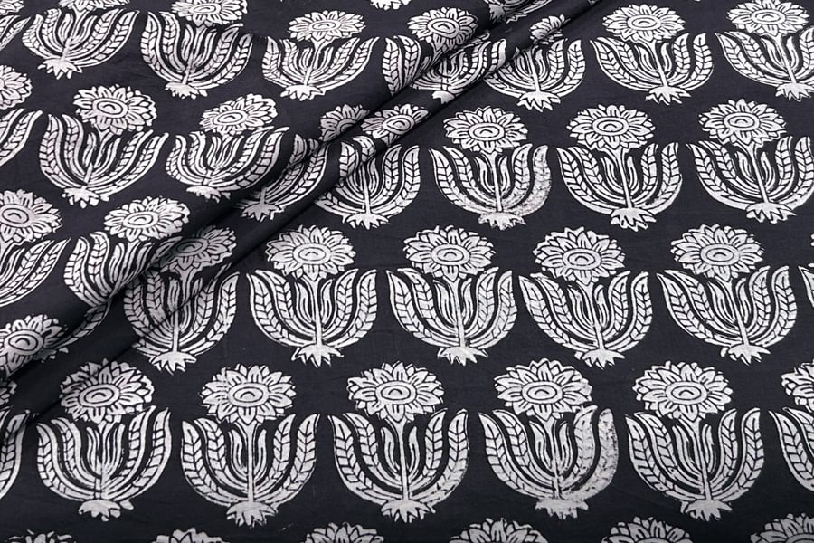Natural Black Bagru Handblock Printed Cotton Fabric Natural Black Bagru Handblock Printed Cotton Fabric - Image 1
