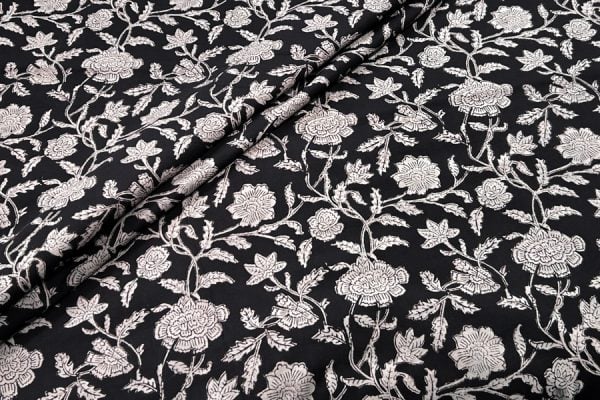Natural Black Bagru Handblock Printed Cotton Fabric