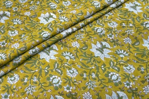 Avocado Green Floral Handblock Printed 100% Pure Soft Cotton Fabric