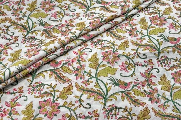 White Floral Handblock Printed 100% Pure Soft Cotton Fabric