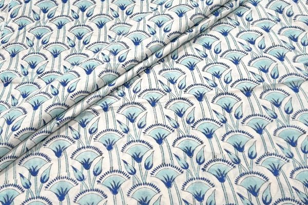 White Floral Handblock Printed 100% Pure Soft Cotton Fabric