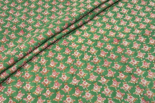 Pre-Cut 2.25m Jade Green Floral Handblock Printed 100% Pure Soft Cotton Fabric