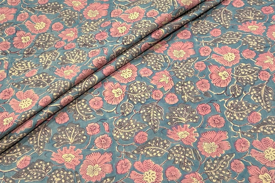 Cadet Gray Floral Handblock Printed 100% Pure Soft Cotton Fabric Cadet Gray Floral Handblock Printed 100% Pure Soft Cotton Fabric - Image 1
