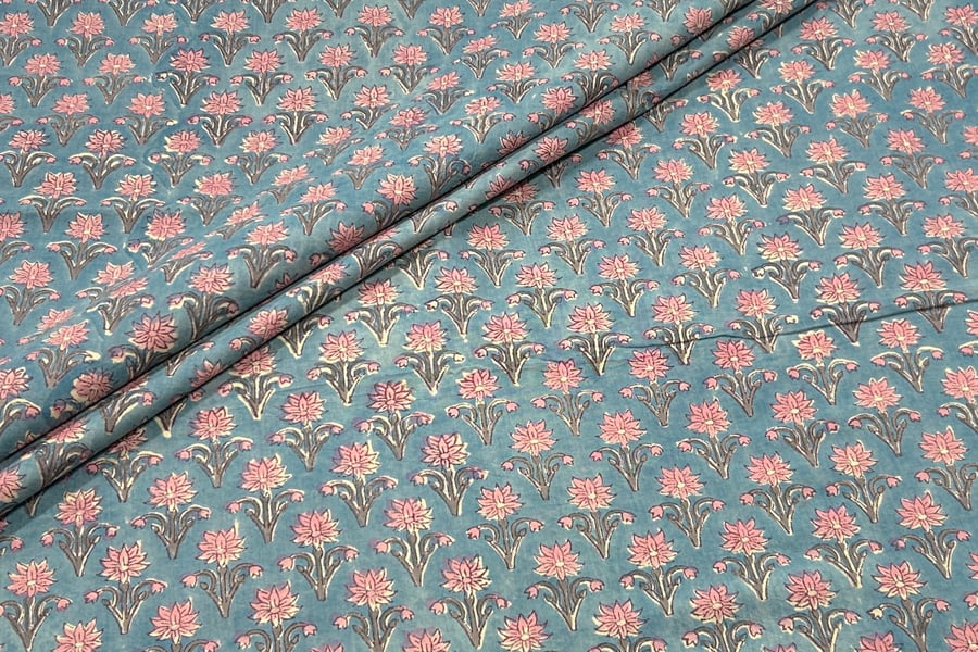 Cadet Gray Floral Handblock Printed 100% Pure Soft Cotton Fabric Cadet Gray Floral Handblock Printed 100% Pure Soft Cotton Fabric - Image 1