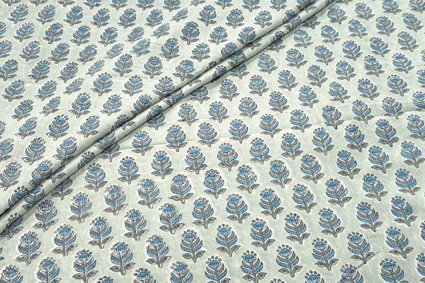 Pre-Cut 1.20m White Floral Handblock Printed 100% Pure Soft Cotton Fabric
