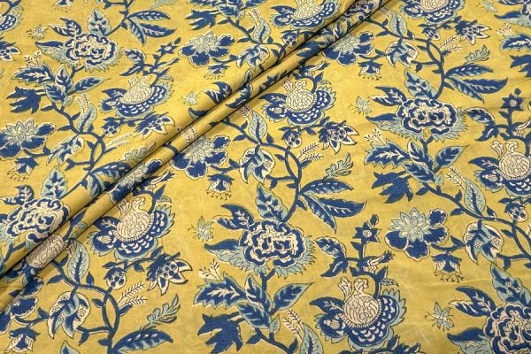 Pre-Cut 0.60m Golden Yellow Floral Handblock Printed 100% Pure Soft Cotton Fabric