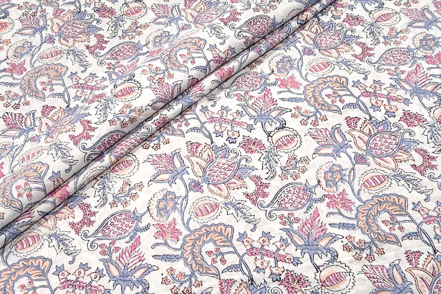 White Floral Handblock Printed 100% Pure Soft Cotton Fabric White Floral Handblock Printed 100% Pure Soft Cotton Fabric - Image 1