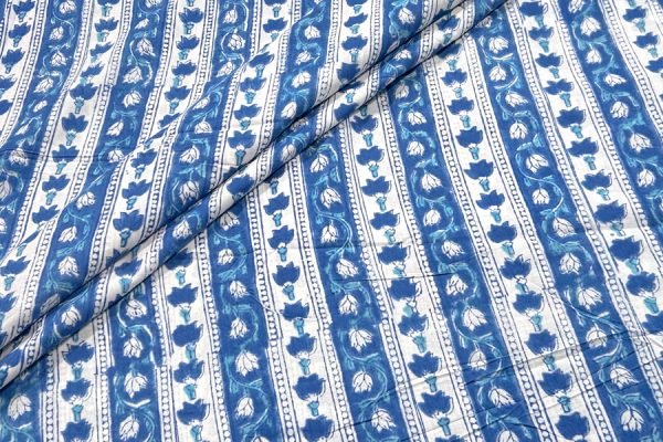 Pre-Cut 1.10m True Blue Floral Handblock Printed 100% Pure Soft Cotton Fabric