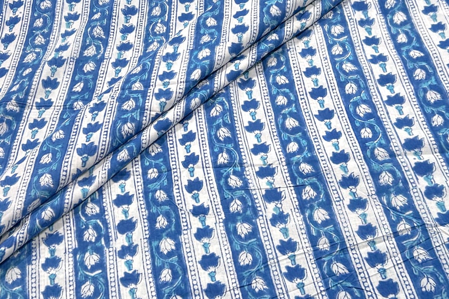 True Blue Floral Handblock Printed 100% Pure Soft Cotton Fabric True Blue Floral Handblock Printed 100% Pure Soft Cotton Fabric - Image 1