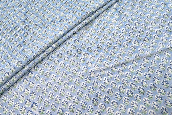 Pre-Cut 1.80m Pastel Blue Floral Handblock Printed 100% Pure Soft Cotton Fabric