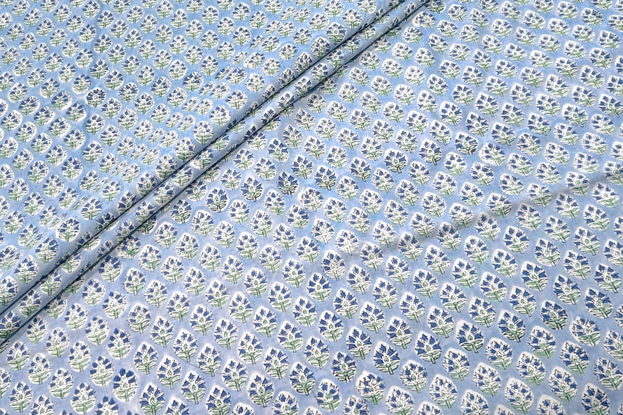 Pastel Blue Floral Handblock Printed 100% Pure Soft Cotton Fabric Pastel Blue Floral Handblock Printed 100% Pure Soft Cotton Fabric - Image 1
