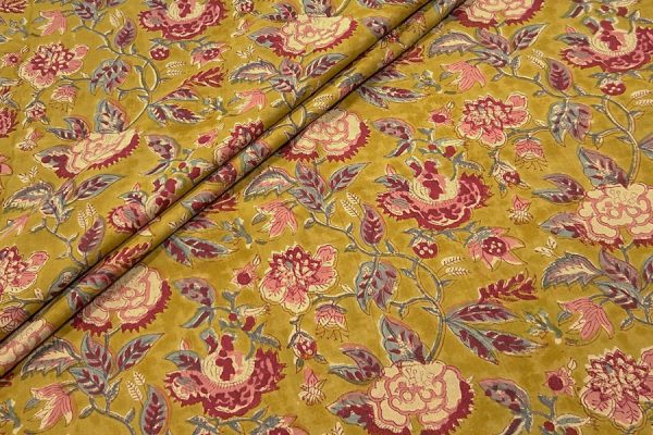 Pre-Cut 1.70m Butterscotch Yellow Floral Handblock Printed 100% Pure Soft Cotton Fabric