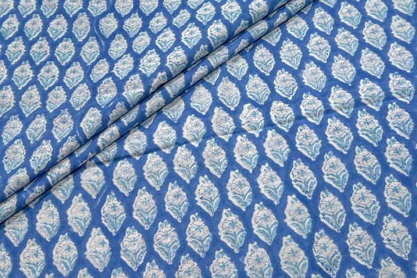 Pre-Cut 0.70m True Blue Floral Handblock Printed 100% Pure Soft Cotton Fabric