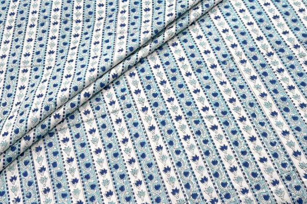 Blue Floral Handblock Printed 100% Pure Soft Cotton Fabric