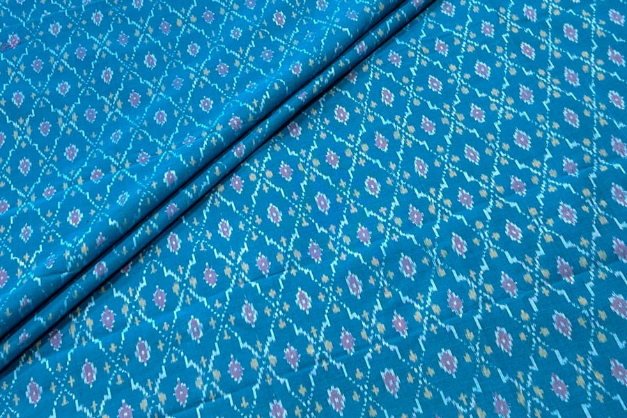 Ocean Blue Authentic Handwoven Soft Silk-Cotton Ikkat Fabric Ocean Blue Authentic Handwoven Soft Silk-Cotton Ikkat Fabric - Image 1