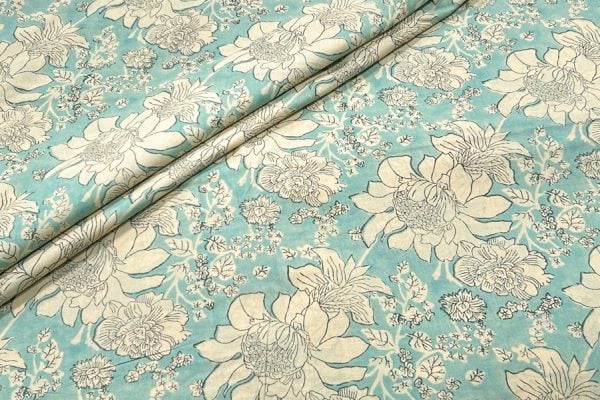 Pre-Cut 2.20m Frosted Blue Floral Handblock Printed 100% Pure Soft Cotton Fabric