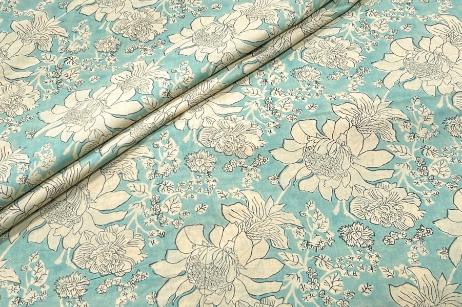 Frosted Blue Floral Handblock Printed 100% Pure Soft Cotton Fabric Frosted Blue Floral Handblock Printed 100% Pure Soft Cotton Fabric - Image 1