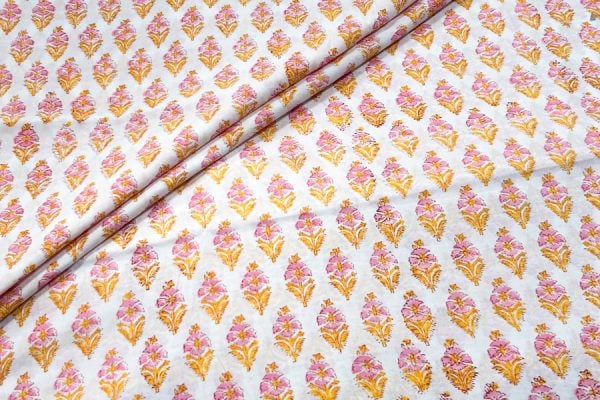 Pre-Cut 1.10m White Floral Handblock Printed 100% Pure Soft Cotton Fabric