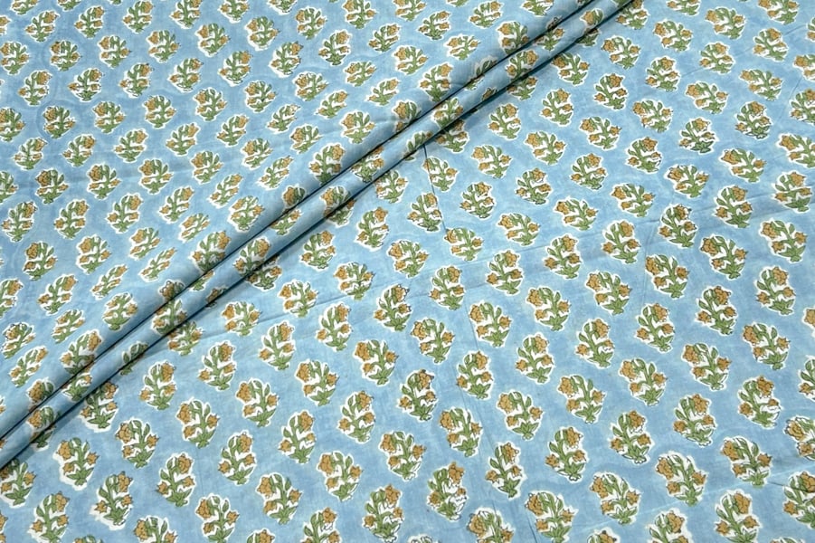 Light Blue Floral Handblock Printed 100% Pure Soft Cotton Fabric Light Blue Floral Handblock Printed 100% Pure Soft Cotton Fabric - Image 1