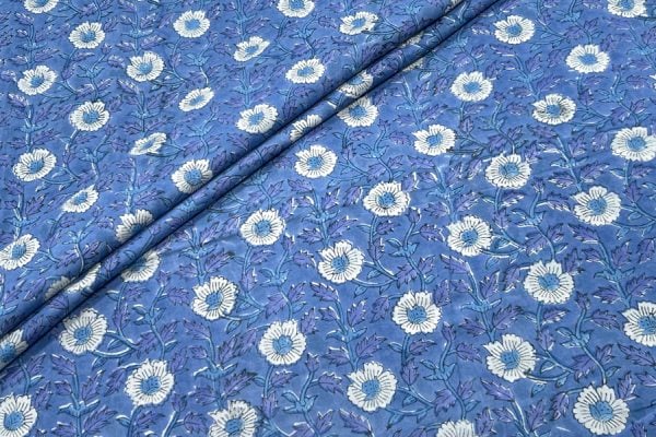 Pre-Cut 2.20m Marine Blue Floral Handblock Printed 100% Pure Soft Cotton Fabric