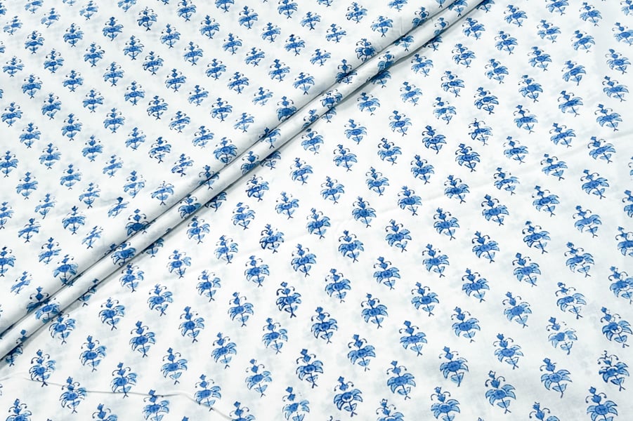 White Floral Handblock Printed 100% Pure Soft Cotton Fabric White Floral Handblock Printed 100% Pure Soft Cotton Fabric - Image 1