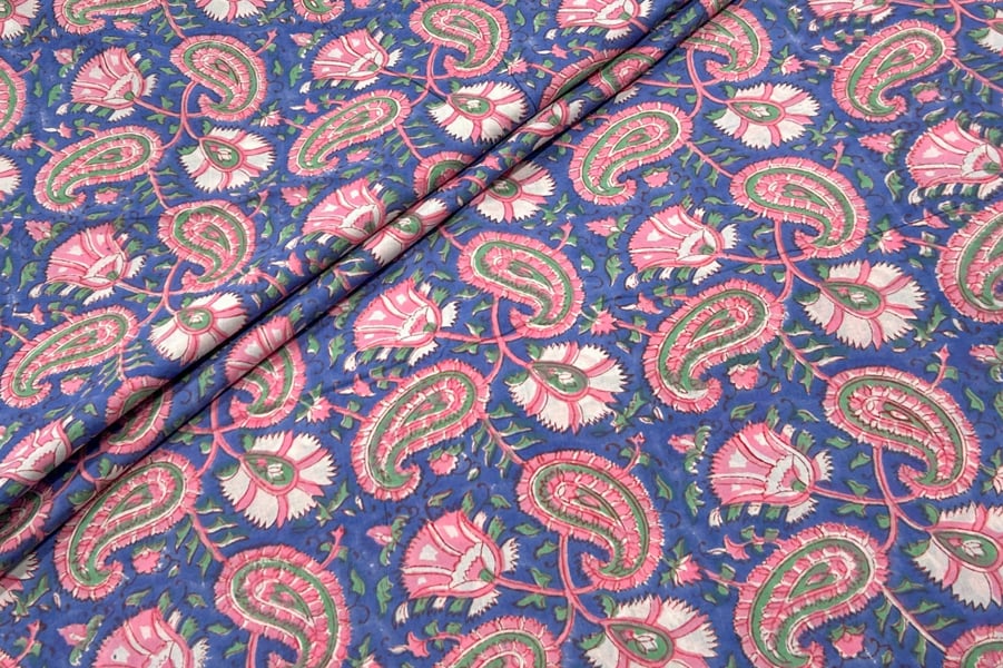 Persian Blue Floral Handblock Printed 100% Pure Soft Cotton Fabric Persian Blue Floral Handblock Printed 100% Pure Soft Cotton Fabric - Image 1