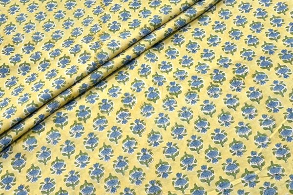 Canary Yellow Floral Handblock Printed 100% Pure Soft Cotton Fabric