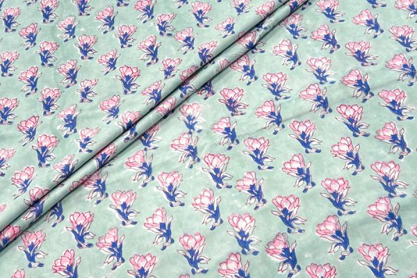 Pre-Cut 0.85m Crystal Cyan Floral Handblock Printed 100% Pure Soft Cotton Fabric