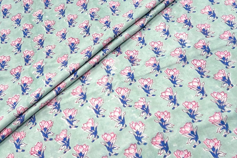 Crystal Cyan Floral Handblock Printed 100% Pure Soft Cotton Fabric Crystal Cyan Floral Handblock Printed 100% Pure Soft Cotton Fabric - Image 1