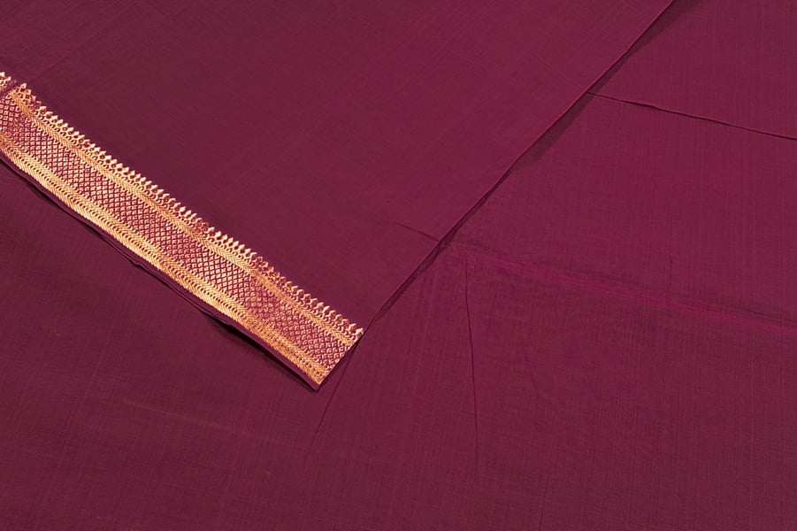 Vintage Berry Pink Handwoven Zari Border Pure Cotton Fabric Claret Red Handwoven Zari Border Pure Cotton Fabric - Image 1