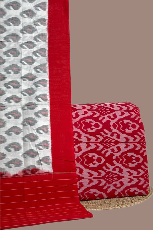 Red - 2pc Ikkat Cotton Dupatta and Handloom Soft Ikkat Cotton Top Fabric Set