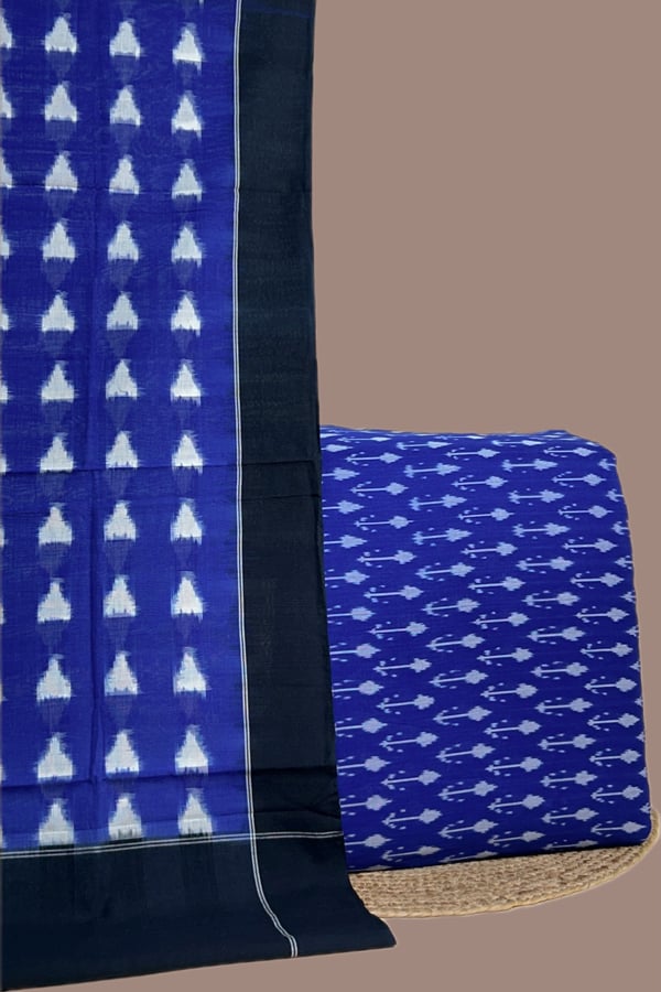 Blue - 2pc Ikkat Cotton Dupatta and Handloom Soft Ikkat Cotton Top Fabric Set Blue - 2pc Ikkat Cotton Dupatta and Handloom Soft Ikkat Cotton Top Fabric Set - Image 1