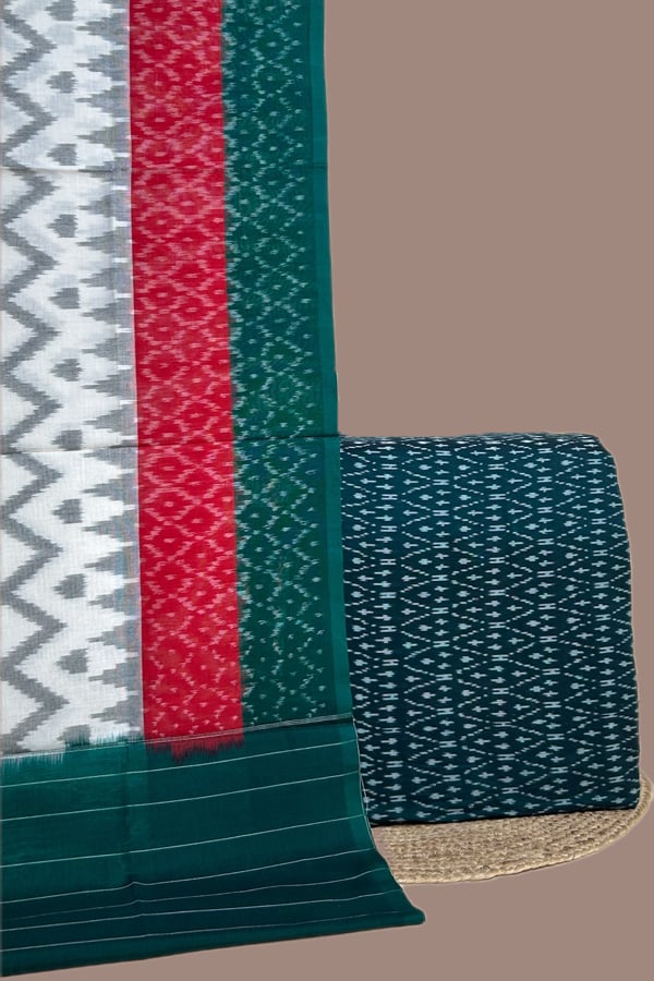 Green - 2pc Ikkat Cotton Dupatta and Handloom Soft Ikkat Cotton Top Fabric Set Green - 2pc Ikkat Cotton Dupatta and Handloom Soft Ikkat Cotton Top Fabric Set - Image 1