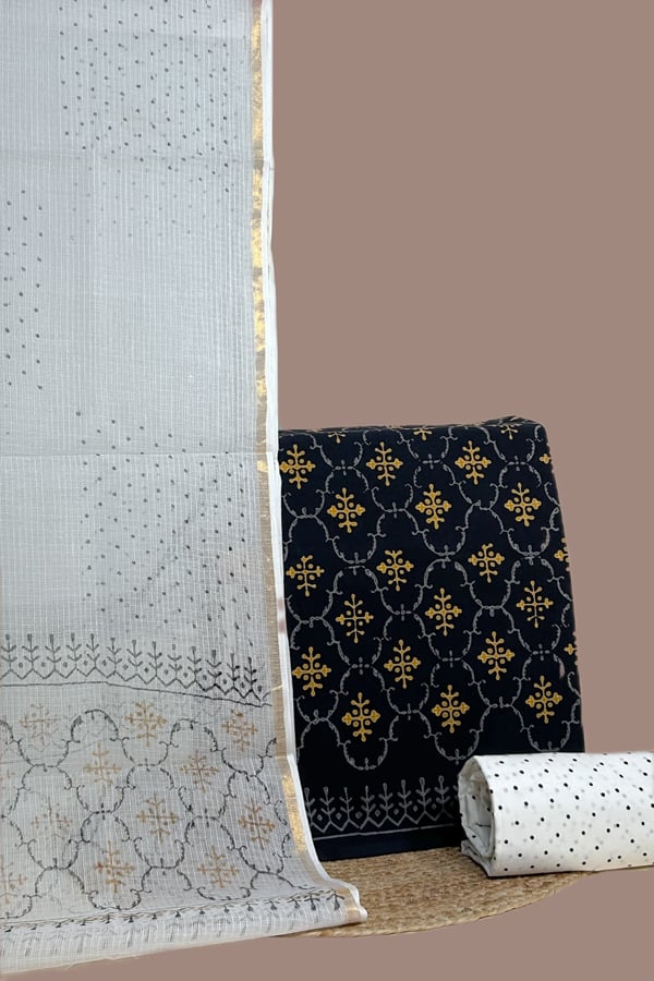 Black - 3pc Kota Doria Dupatta with Bagru Blockprint Cotton Top & Bottom Set Black - 3pc Kota Doria Dupatta with Bagru Blockprint Cotton Top & Bottom Set - Image 1