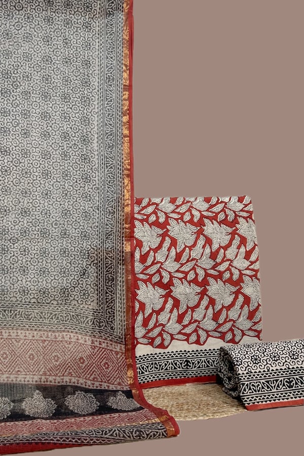 Red - 3pc Kota Doria Dupatta with Bagru Blockprint Cotton Top & Bottom Set Red - 3pc Kota Doria Dupatta with Bagru Blockprint Cotton Top & Bottom Set - Image 1