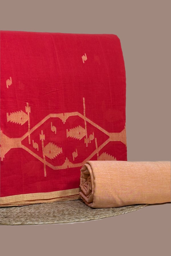 Red - 2pc Jamdani Intricate Woven Cotton Top and Handloom Bottom Fabric Set Red - 2pc Jamdani Intricate Woven Cotton Top and Handloom Bottom Fabric Set - Image 1
