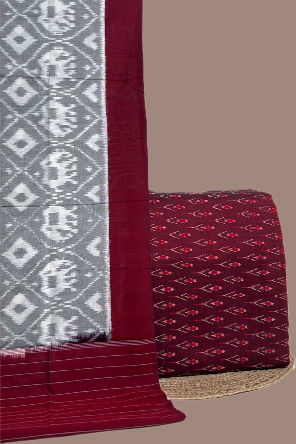 Maroon - 2pc Ikkat Cotton Dupatta and Handloom Soft Ikkat Cotton Top Fabric Set Maroon - 2pc Ikkat Cotton Dupatta and Handloom Soft Ikkat Cotton Top Fabric Set - Image 1