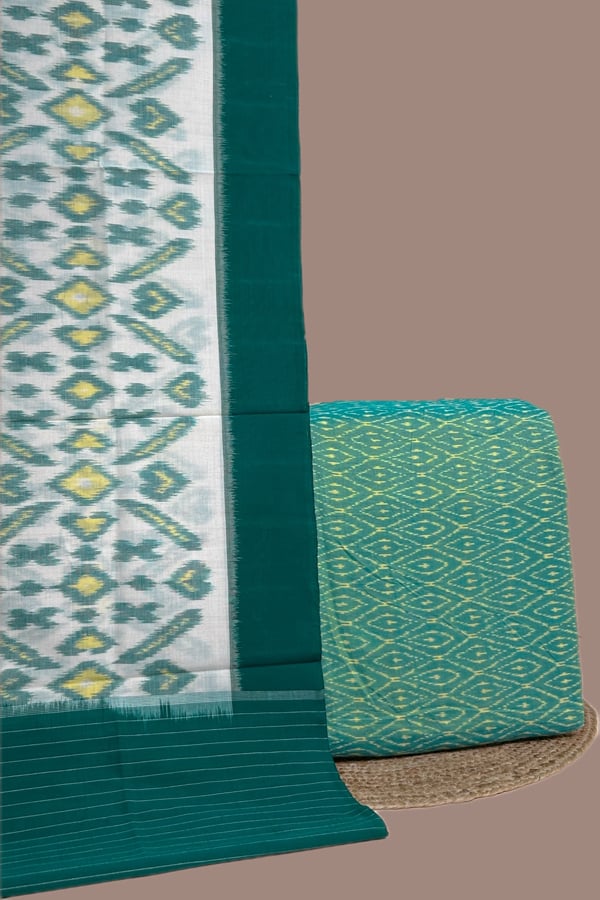 Green - 2pc Ikkat Cotton Dupatta and Handloom Soft Ikkat Cotton Top Fabric Set Green - 2pc Ikkat Cotton Dupatta and Handloom Soft Ikkat Cotton Top Fabric Set - Image 1
