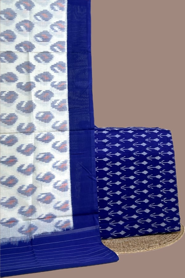 Blue - 2pc Ikkat Cotton Dupatta and Handloom Soft Ikkat Cotton Top Fabric Set Blue - 2pc Ikkat Cotton Dupatta and Handloom Soft Ikkat Cotton Top Fabric Set - Image 1