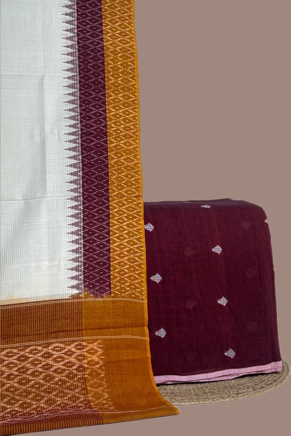 Maroon - 2pc Ikkat Cotton Dupatta and Handloom Woven Motif Cotton Top Fabric Set Maroon - 2pc Ikkat Cotton Dupatta and Handloom Woven Motif Cotton Top Fabric Set - Image 1