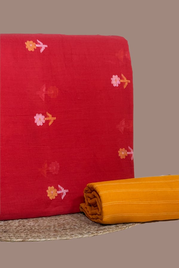 Red - 2pc Handloom Woven Design Cotton Top and Handloom Soft Cotton Bottom Fabric Set Red - 2pc Handloom Woven Design Cotton Top and Handloom Soft Cotton Bottom Fabric Set - Image 1